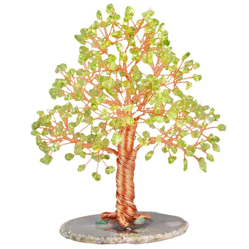 Rockcloud Natural Peridot Crystal Tree Stones Chips Money Tree with Agate Slice Base Home Decoration for Wealth and - Image 1