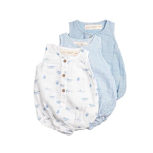 Masilo 100% Organic Cotton Baby Romper Multipack/Set of 3 Infant Wear/Soft and Comfortable Newborn Clothing/Print, solid and striped front buttoned bodysuit/Onesies for 0-6 months - Boats - Image 1