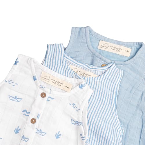 Masilo 100% Organic Cotton Baby Romper Multipack/Set of 3 Infant Wear/Soft and Comfortable Newborn Clothing/Print, solid and striped front buttoned bodysuit/Onesies for 0-6 months - Boats - Image 3
