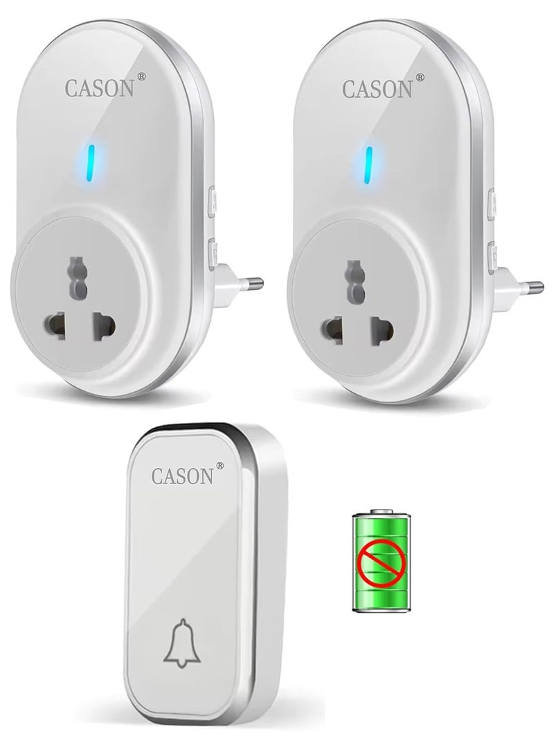 CASON جرس باب لاسلكي يعمل بالطاقة الذاتية بدون بطارية مع 2 مستقبلات لنطاق طويل / جرس اتصال لاسلكي، جرس عن بُعد مع نوع قابس توصيل، يصل إلى 1000 قدم (أبيض) - Image 1