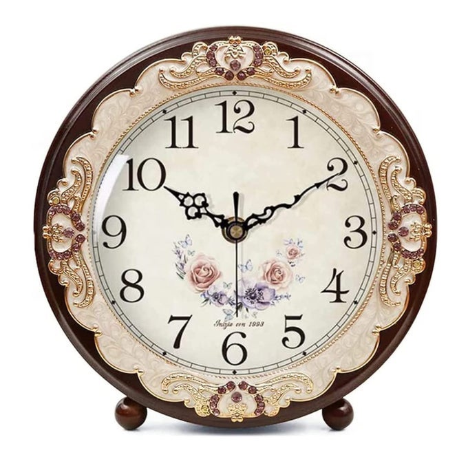 VINTAGE WOODEN TABLE CLOCK RETRO NONTICKING EUROPEAN STYLE BESIDE MANTLE DESK CLOCK BATTERY OPERATED SILENT QUARTZ MOVEMENT FOR BEDROOM LIVING ROOM INDOOR DECOR PURPLE