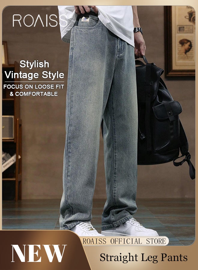 roaiss High Quality Straight Leg Jeans for Men Casual Breathable Soft Loose Fit Wide Leg Denim Pants with Starry Sky Texture Mens Retro Trendy All Match Trousers for Daily Commute Wear - Image 1