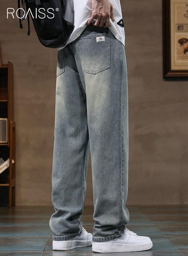 roaiss High Quality Straight Leg Jeans for Men Casual Breathable Soft Loose Fit Wide Leg Denim Pants with Starry Sky Texture Mens Retro Trendy All Match Trousers for Daily Commute Wear - Image 3