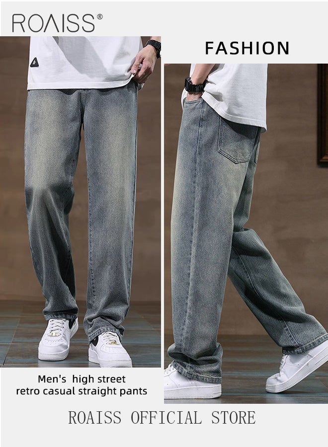 roaiss High Quality Straight Leg Jeans for Men Casual Breathable Soft Loose Fit Wide Leg Denim Pants with Starry Sky Texture Mens Retro Trendy All Match Trousers for Daily Commute Wear - Image 2