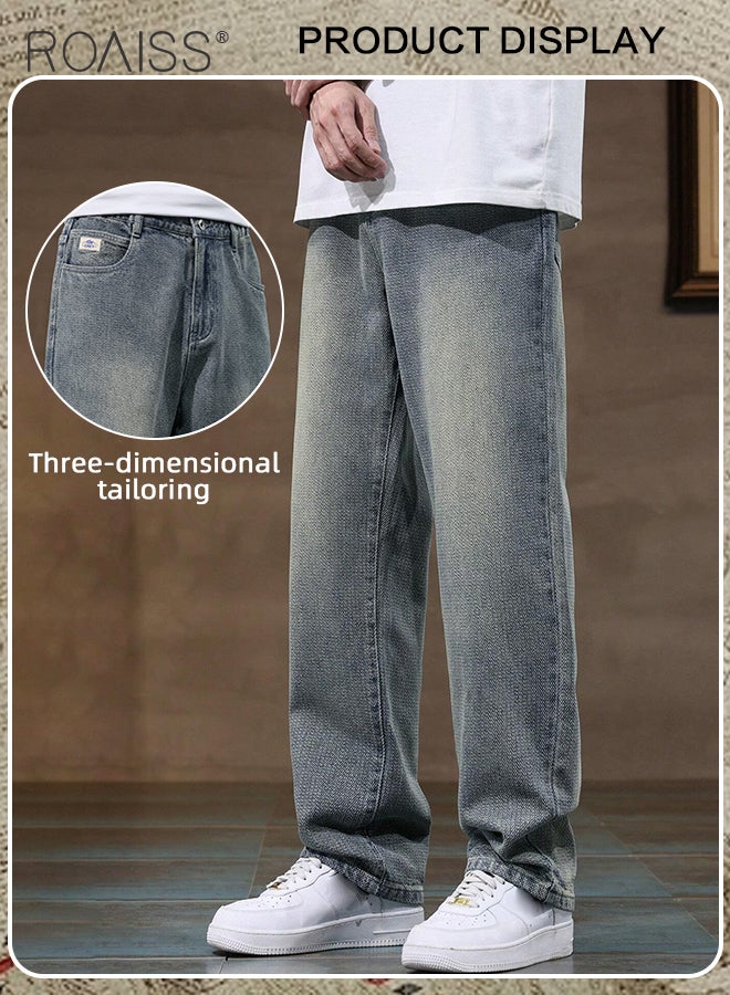 roaiss High Quality Straight Leg Jeans for Men Casual Breathable Soft Loose Fit Wide Leg Denim Pants with Starry Sky Texture Mens Retro Trendy All Match Trousers for Daily Commute Wear - Image 4