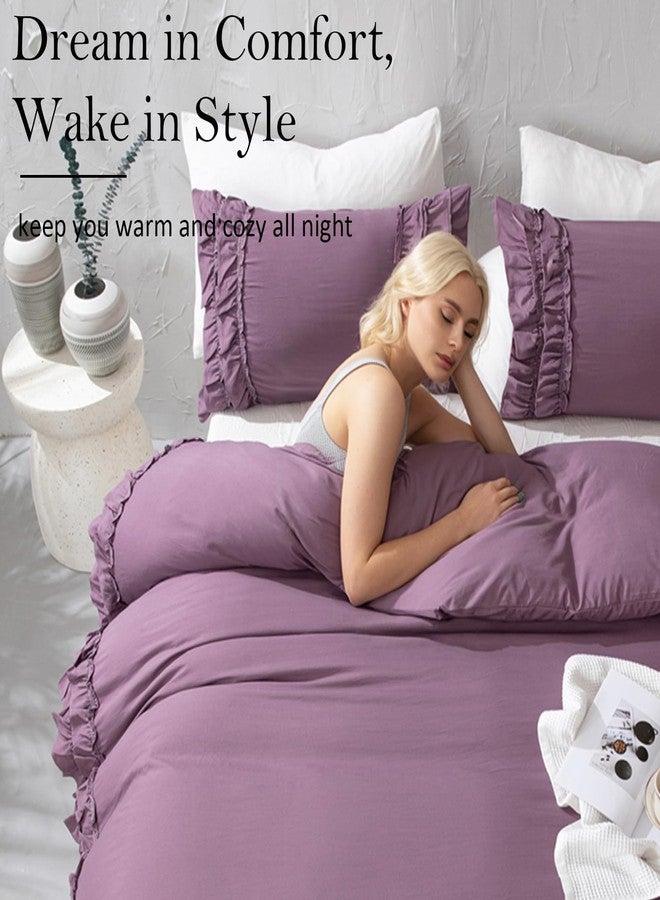 Bedorm Queen Duvet Cover Set Purple Ruffle Bedding Set Pleat Ruffled Shabby Chic Comforter Cover Extra Soft & Easy Care Farmhouse Boho Duvet Cover with Zipper Closure - Image 2