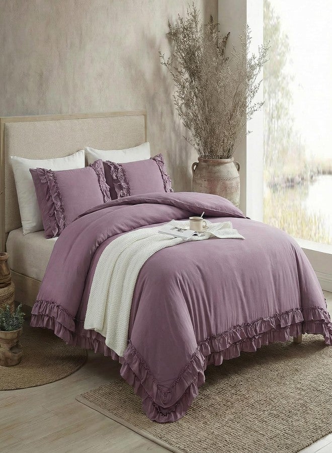 Bedorm Queen Duvet Cover Set Purple Ruffle Bedding Set Pleat Ruffled Shabby Chic Comforter Cover Extra Soft & Easy Care Farmhouse Boho Duvet Cover with Zipper Closure - Image 4