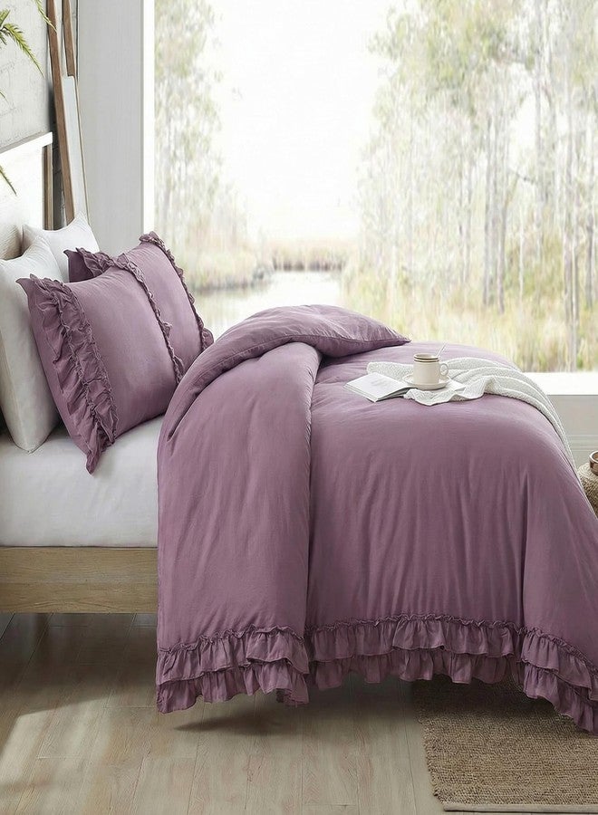 Bedorm Queen Duvet Cover Set Purple Ruffle Bedding Set Pleat Ruffled Shabby Chic Comforter Cover Extra Soft & Easy Care Farmhouse Boho Duvet Cover with Zipper Closure - Image 3