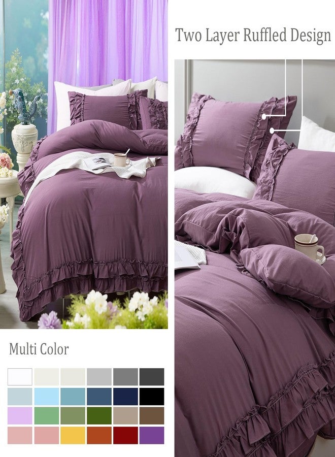 Bedorm Queen Duvet Cover Set Purple Ruffle Bedding Set Pleat Ruffled Shabby Chic Comforter Cover Extra Soft & Easy Care Farmhouse Boho Duvet Cover with Zipper Closure - Image 5