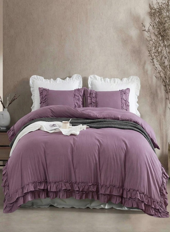 Bedorm Queen Duvet Cover Set Purple Ruffle Bedding Set Pleat Ruffled Shabby Chic Comforter Cover Extra Soft & Easy Care Farmhouse Boho Duvet Cover with Zipper Closure - Image 1