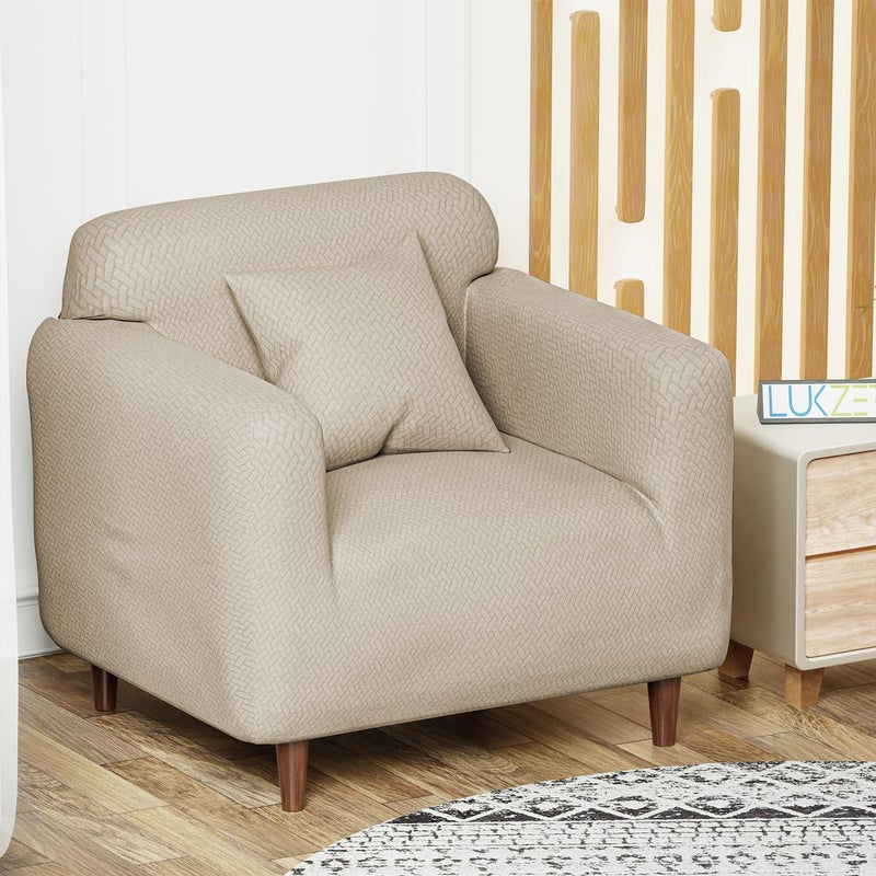 Lukzer Universal Single Seater Sofa Cover 280 GSM Thick Soft Touching Slipcover for Couch Protection with 1 Cushion Cover (Textured Greige Design/90-140cm/Jacquard Fabric) - Image 1