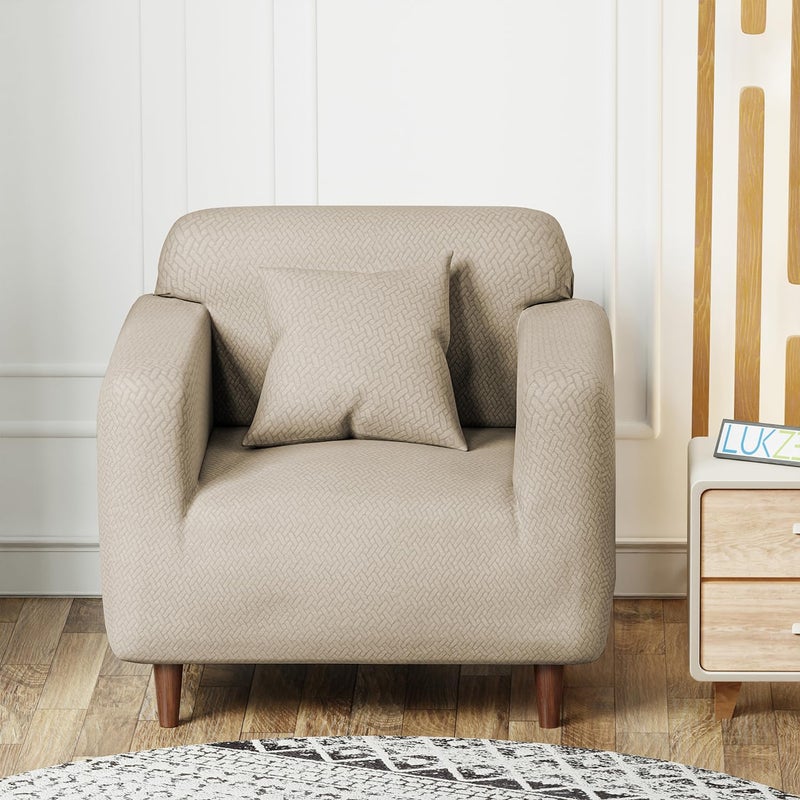 Lukzer Universal Single Seater Sofa Cover 280 GSM Thick Soft Touching Slipcover for Couch Protection with 1 Cushion Cover (Textured Greige Design/90-140cm/Jacquard Fabric) - Image 3