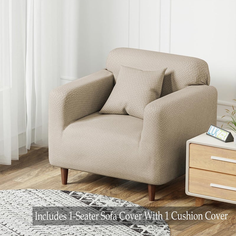 Lukzer Universal Single Seater Sofa Cover 280 GSM Thick Soft Touching Slipcover for Couch Protection with 1 Cushion Cover (Textured Greige Design/90-140cm/Jacquard Fabric) - Image 2