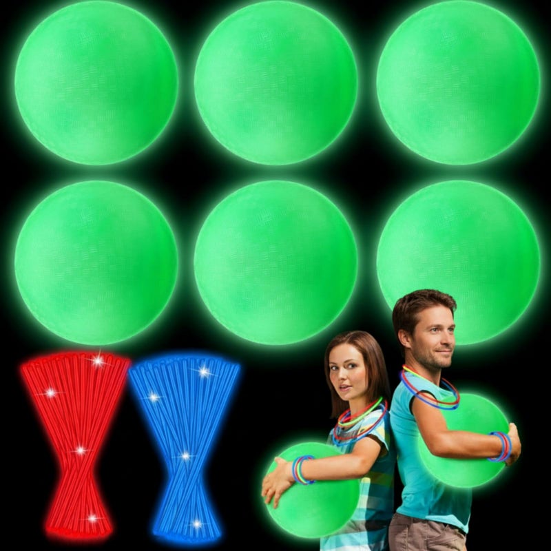 HI-BOOM Hiboom 110 Pcs 10 Inch Glow in The Dark Kickballs Dodgeballs Set Includes 6 Pcs Playground Ball with Pump 100 Glow Sticks Storage Bag for Playground Backyard Outdoor Indoor - Image 3