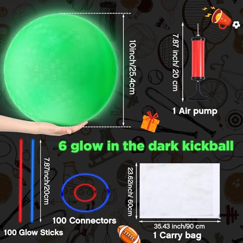 HI-BOOM Hiboom 110 Pcs 10 Inch Glow in The Dark Kickballs Dodgeballs Set Includes 6 Pcs Playground Ball with Pump 100 Glow Sticks Storage Bag for Playground Backyard Outdoor Indoor - Image 5