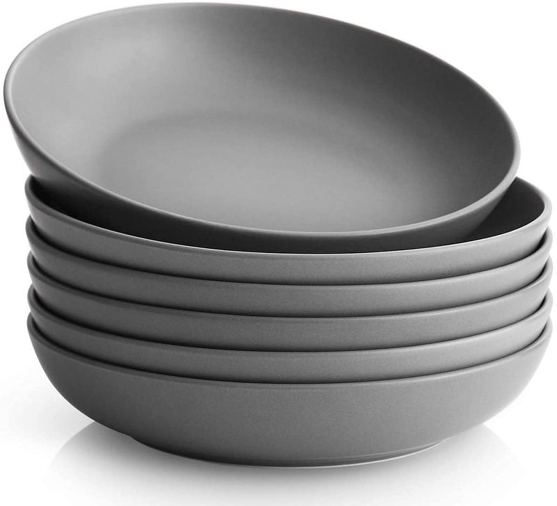 Y YHY Y YHY Pasta Bowls Set of 6 Large Salad Serving Bowls Porcelain Soup Bowls 30 Ounces Wide and Flat Microwave Dishwasher Safe Matte Grey 