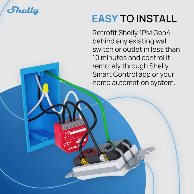 Shelly شيللي 1PM جين4 | مفتاح ريلاي ذكي واي فاي، زيغبي، ماتر مع قياس الطاقة، 1-قناة 16A | أتمتة المنزل | متوافق مع أليكسا، جوجل هوم، أبل هوم كيت | تطبيق iOS أندرويد | بدون محور - Image 4