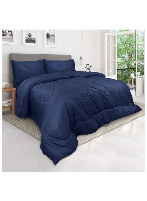 Hotel Linen Klub Down Alternative Comforter Set -Ultra Soft Brushed Stripe Microfiber Fabric, 200GSM Soft Fibersheet Filling, Size :Single 160 x 200cm, Color: Navy Blue