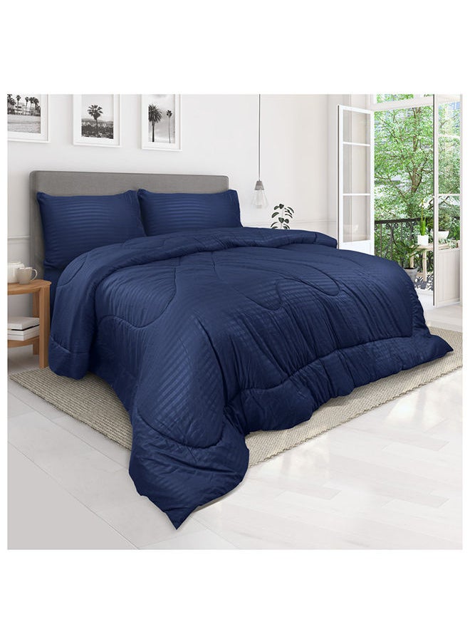 Hotel Linen Klub Hotel Linen Klub Down Alternative Comforter Set -Ultra Soft Brushed Stripe Microfiber Fabric, 200GSM Soft Fibersheet Filling, Size :Single 160 x 200cm, Color: Navy Blue  - Image 1