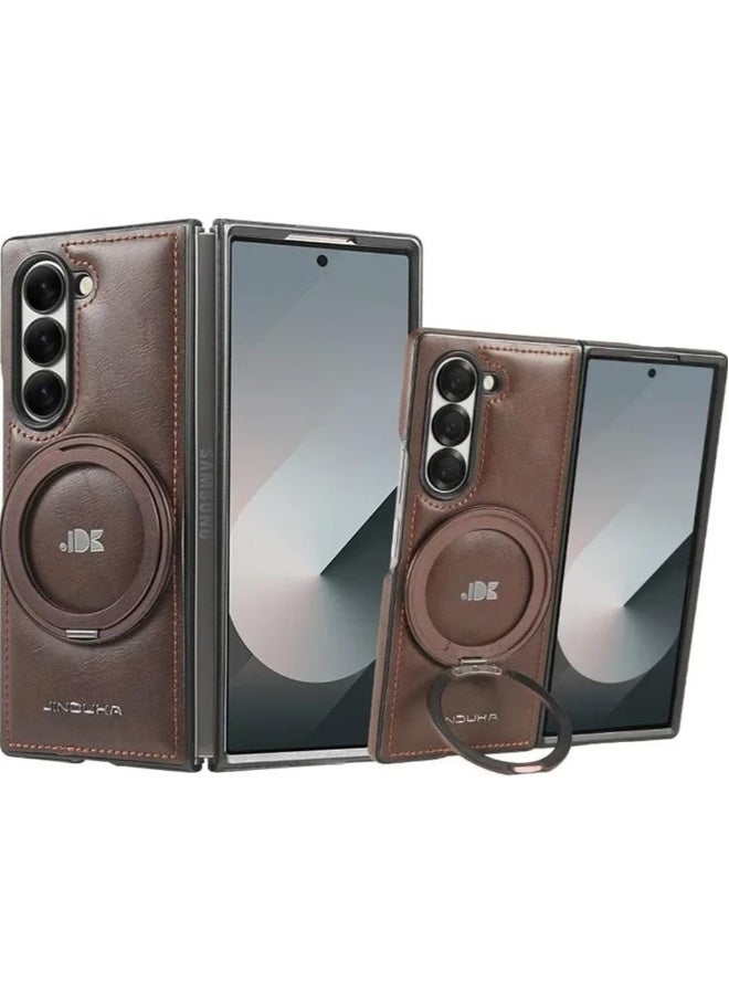 Slim Fit PU Leather Case for Galaxy Z Fold 6, 【Leather Hard PC Back】【Compatible with Mag-Safe】 Shockproof Kickstand Protective Cover for Z Fold 6  - Image 1