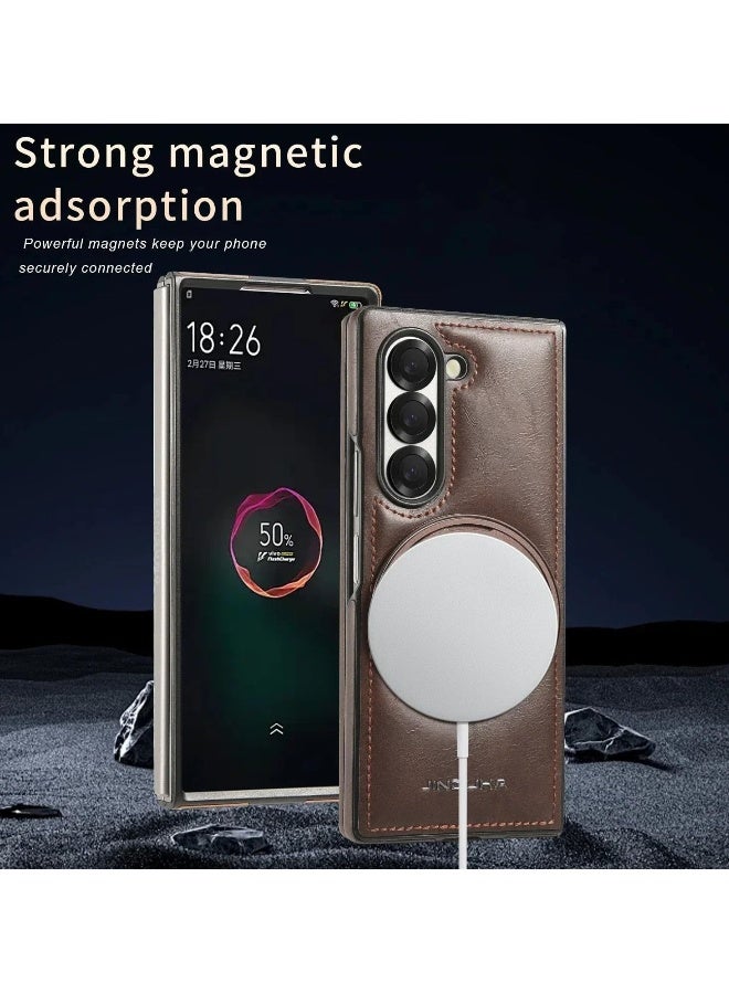 Slim Fit PU Leather Case for Galaxy Z Fold 6, 【Leather Hard PC Back】【Compatible with Mag-Safe】 Shockproof Kickstand Protective Cover for Z Fold 6  - Image 3