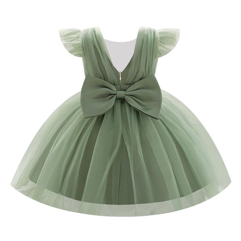 IBAKOM Baby Girl Flutter Sleeve Ruffle 6M 9M 1st 2nd 3rd Birthday Cake Smash Outfits Toddler Tea Party Pageant Prom Flower Girl Formal Wedding Dress Infant Christmas Easter Clothes Sage Green 9-12 Months - Image 1