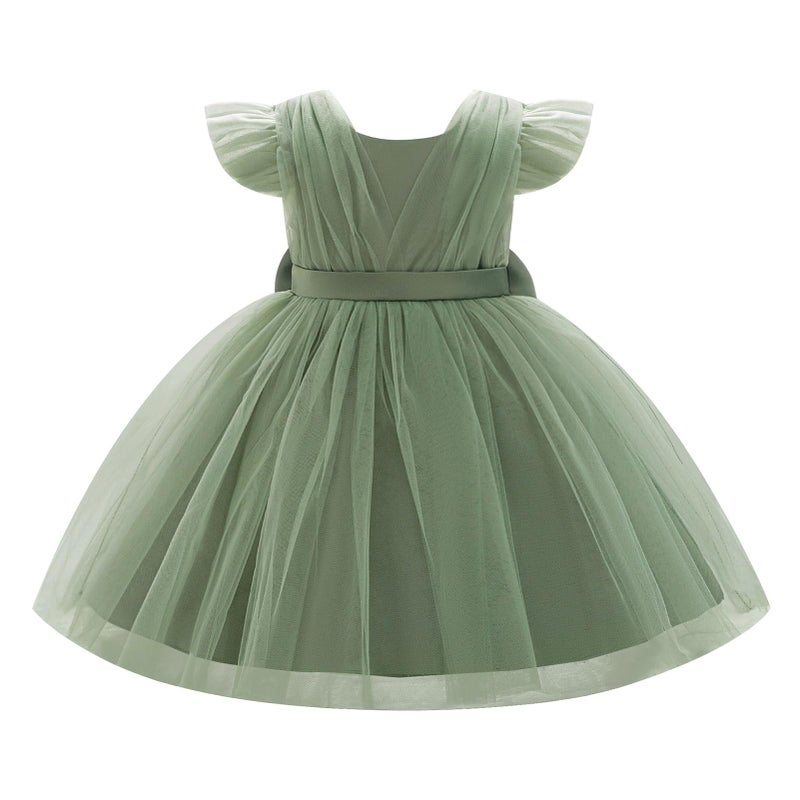 IBAKOM Baby Girl Flutter Sleeve Ruffle 6M 9M 1st 2nd 3rd Birthday Cake Smash Outfits Toddler Tea Party Pageant Prom Flower Girl Formal Wedding Dress Infant Christmas Easter Clothes Sage Green 9-12 Months - Image 4