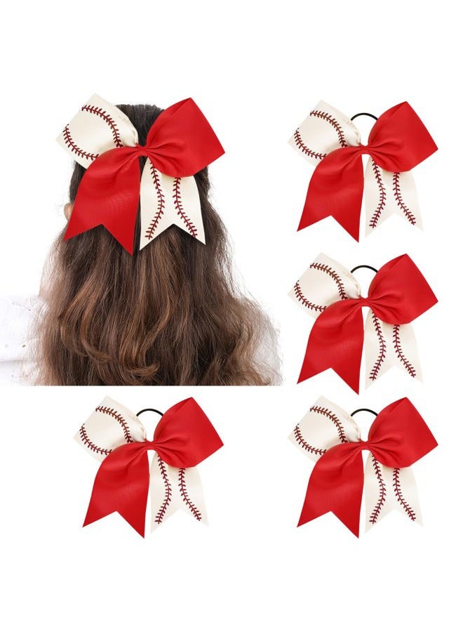 Whaline 4Pcs Large Glitter Cheer Hair Bows with Elastic Ponytail Holders - Red and White Cheerleading Hair Accessories for Teens Toddlers, 7.5 Inch - Image 1