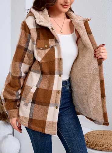 Elesuit Women's Fleece Flannel Jacket Plaid Sherpa Lined Jacket Long Sleeve Button Down Hooded Jackets for Women Brown XX-Large - Image 3