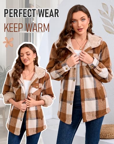 Elesuit Women's Fleece Flannel Jacket Plaid Sherpa Lined Jacket Long Sleeve Button Down Hooded Jackets for Women Brown XX-Large - Image 5