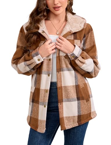 Elesuit Women's Fleece Flannel Jacket Plaid Sherpa Lined Jacket Long Sleeve Button Down Hooded Jackets for Women Brown XX-Large - Image 2