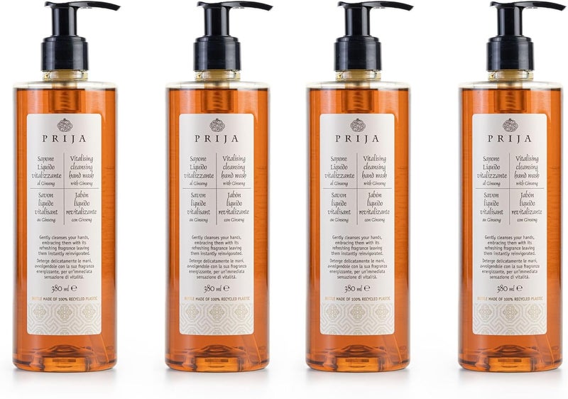 Prija Vitalising Hand Wash with Ginseng Extract Gently Cleanses Hands Moisturising Liquid Hand Soap Vegan Friendly with Energising Fragrance 380ml x 4