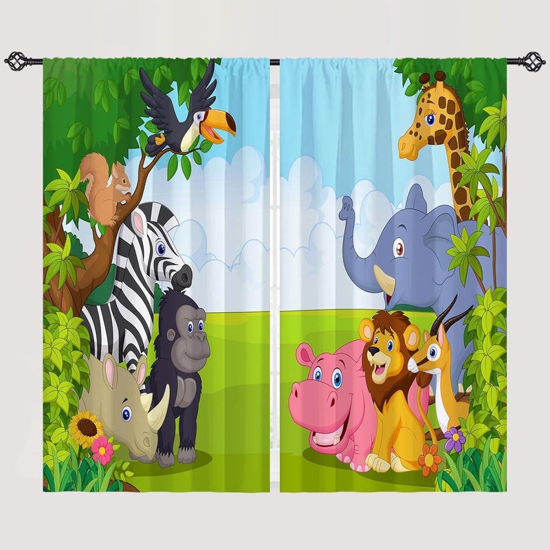 ستائر حيوانات مقاس 28 × 48 بوصة بجيوب قضيب، للأطفال، حيوانات الغابة والسفاري وحديقة الحيوان، الفيل والزرافة والأسد، نمط مطبوع، ستائر نافذة من القماش للخصوصية، لغرفة نوم الأولاد وغرفة الأطفال وغرفة اللعب، لوحتان. - Image 1