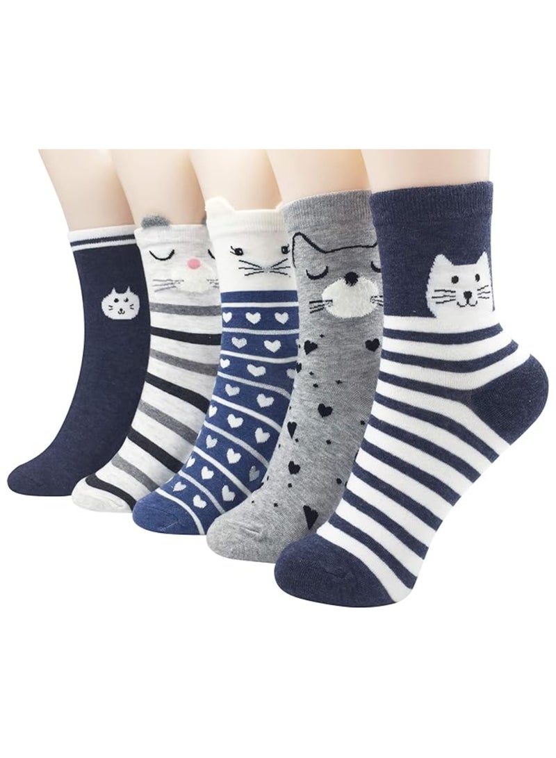 5 Pairs of Women's Cute Animal Patterned Novelty Cotton Crew Socks - Fun and Adorable Animal Designs for Women, Perfect for Adding a Touch of Whimsy to Your Sock Collection! - Image 1