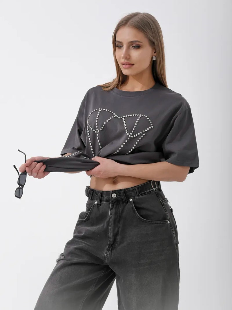 Style Sweet And Spicy Pure Desire Fashion Rhinestone Oversized Temperament Niche Pure Cotton Short-Sleeve T-Shirt - Image 1