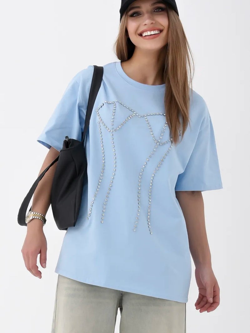 Style Sweet And Spicy Pure Desire Fashion Rhinestone Oversized Temperament Niche Pure Cotton Short-Sleeve T-Shirt - Image 4