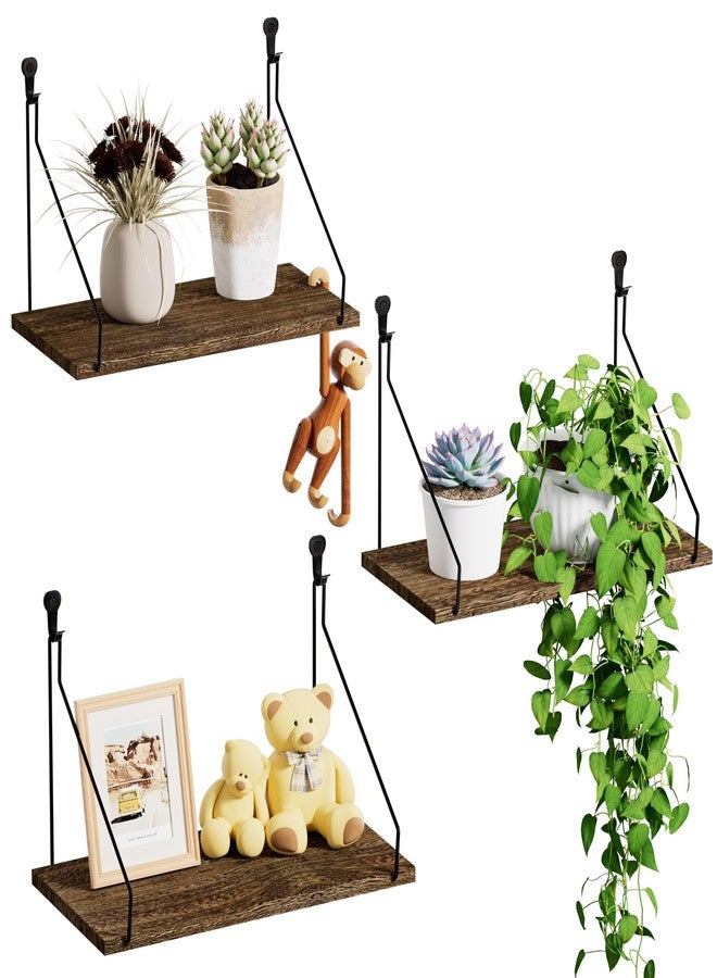 QsQueen Elevate Your Space with Rustic Wood Floating Shelves Set of 3- Perfect for Bedroom, Living Room, Bathroom, and Kitchen Decor - Easy Installation, No Drilling Needed! Brown - Image 1