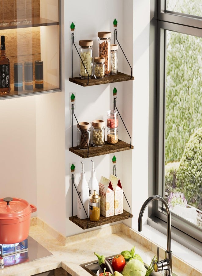 QsQueen Elevate Your Space with Rustic Wood Floating Shelves Set of 3- Perfect for Bedroom, Living Room, Bathroom, and Kitchen Decor - Easy Installation, No Drilling Needed! Brown - Image 2