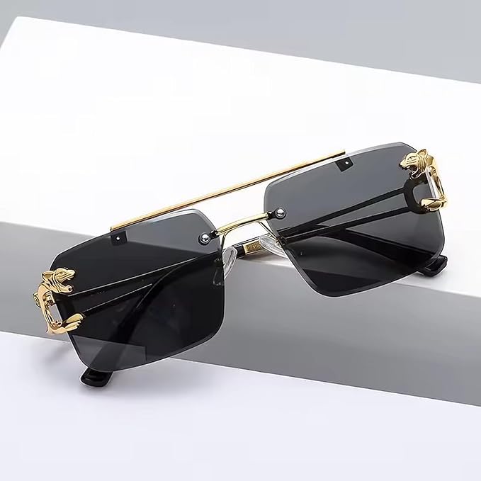 mashamart Luxury Rimless Sunglasses,Honey Singh Inspired Gold Metal Frame, Tinted Lenses, Decorative Side Accents (Pack of 1) (Black) - Image 4