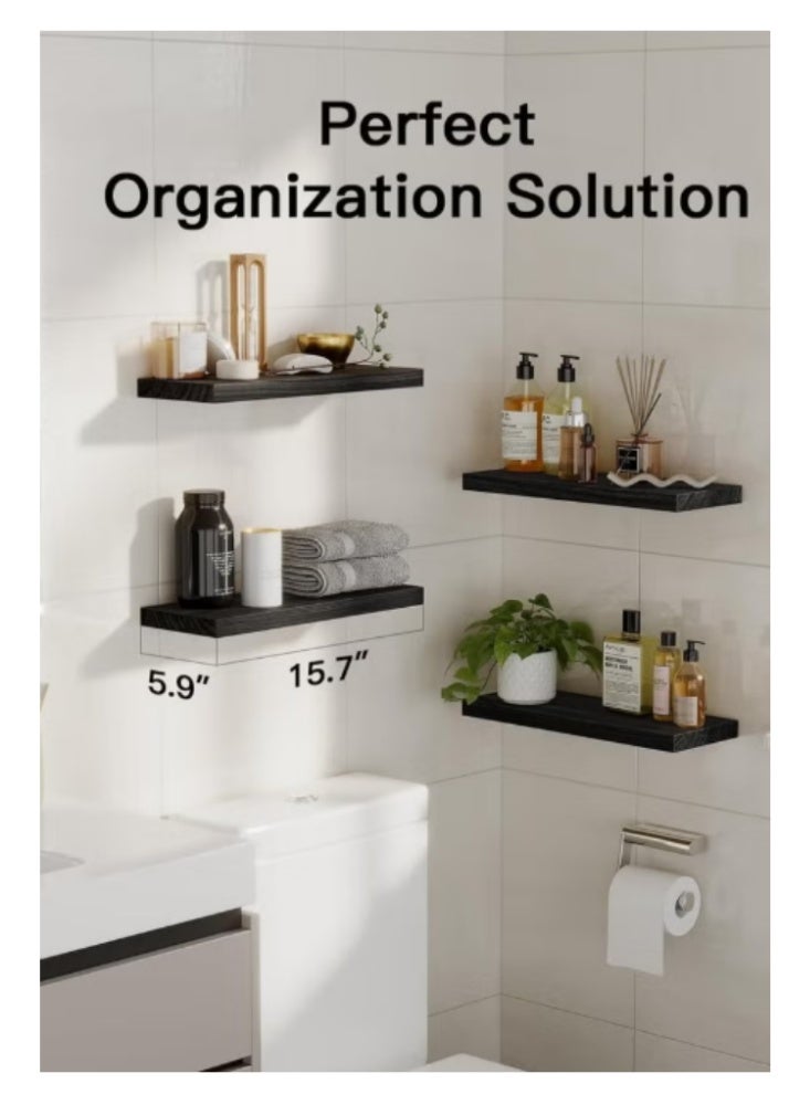 4Pcs Wall Mounted Shelves, Rustic Black Floating Wall Shelves, Large & Deep Sturdy Wall Storage Rack for Bedroom, Bathroom, Laundry, Kitchen, Living Room & Closet Decor - Image 4
