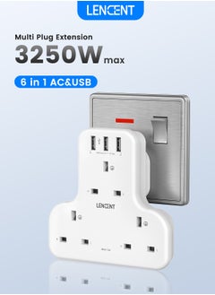 Multi-plug Extension Adapter with 3 USB, Multi-function 3-way Plug Adapter, 3 AC Wall Charger Extenders for Home, Office, Kitchen and More, 13A 3250W