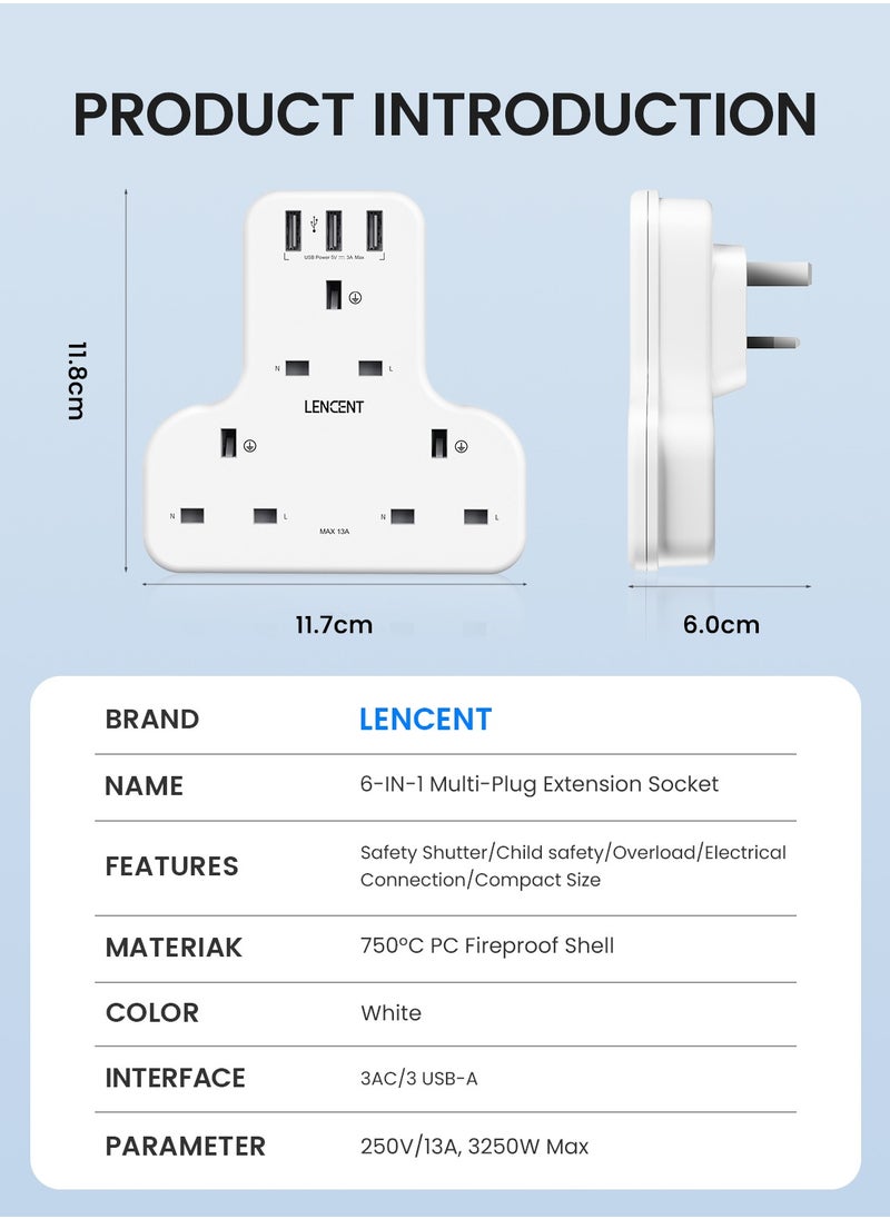 Lencent - Multi-plug Extension Adapter with 3 USB, Multi-function 3-way Plug Adapter, 3 AC Wall Charger Extenders for Home, Office, Kitchen and More, 13A 3250W - Image 1