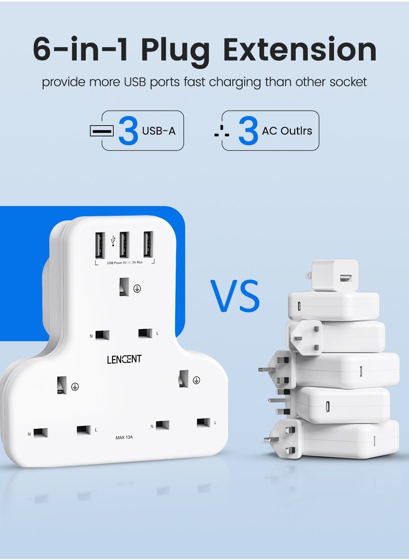 Lencent - Multi-plug Extension Adapter with 3 USB, Multi-function 3-way Plug Adapter, 3 AC Wall Charger Extenders for Home, Office, Kitchen and More, 13A 3250W - Image 1