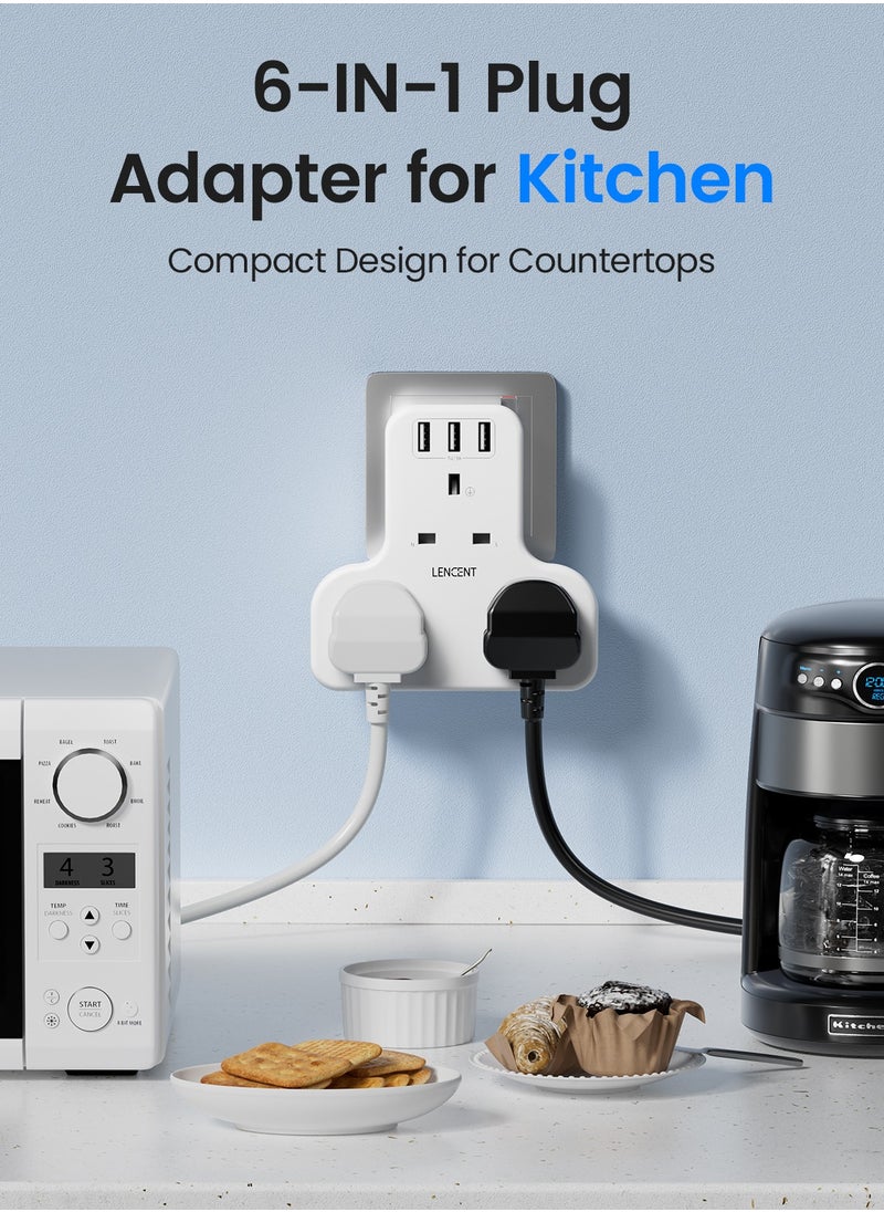 Lencent - Multi-plug Extension Adapter with 3 USB, Multi-function 3-way Plug Adapter, 3 AC Wall Charger Extenders for Home, Office, Kitchen and More, 13A 3250W - Image 1