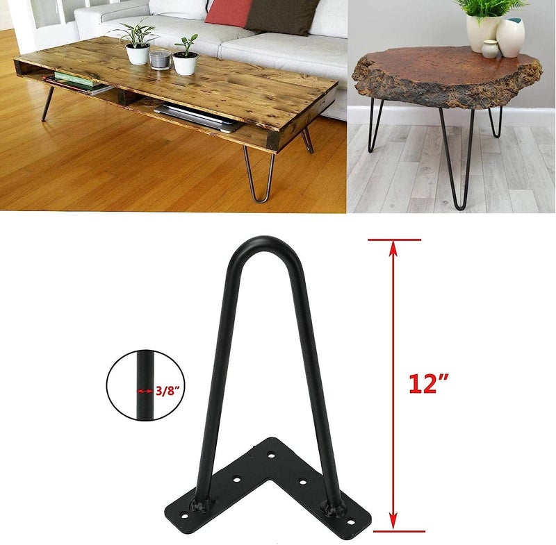 HIRVALL Hairpin Metal Table Legs 12 Inch Legs for Furniture Coffee Bench Dining End Industrial Table Desk Set of 4 with Black Screws Adjustable Cushion Floor Protectors 12 inch - Image 4