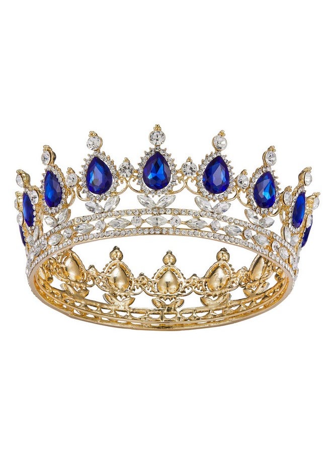 SWEETV Crystal Queen Crown For Women Rhinestone Wedding Tiara Headband Full Round Princess Crown Hair Accessories For Prom Birthday Costume Party Royal Blue+Gold  - Image 1