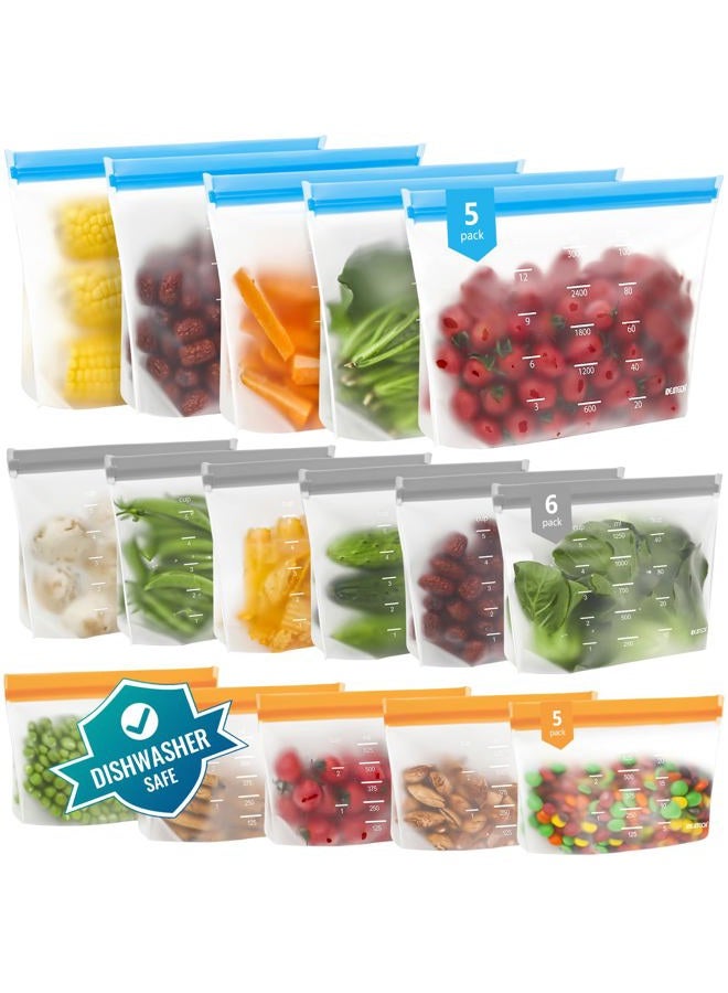 IDEATECH Dishwasher Safe Reusable Storage Bags Stand Up - BPA Free PEVE Reusable Sandwich Bags - Leakproof Gallon Freezer Bags, Silicone Food Storage Bags (Multicolor (5 Gallon + 6 Sandwich + 5 Snack)) - Image 1