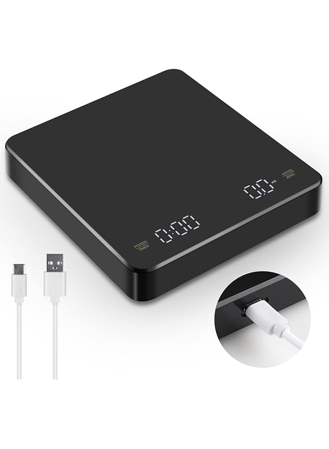 promass Digital Coffee Scale with Timer, Rechargeable Drip Espresso Scale 3kg/0.1g High Precision, Kitchen Scale with 3 Units, Tare, Auto Off, g/oz/ml, Black