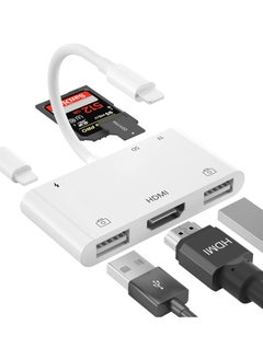 HDMI OTG Adapter, HDMI USB Hub, 6-in-1 Lighting to HDMI Digital AV Converter, TF SD Card Reader, USB Camera Adapter, Power Delivery Compatible with Phone, Pad, Support MIDI Keyboard, Projector