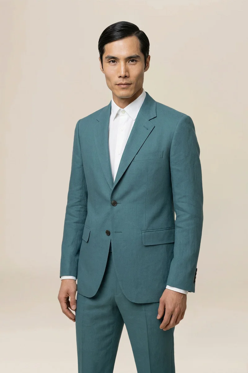 دوبل غانغر Men's single-breasted suit in 100% linen, regular fit - Petrol